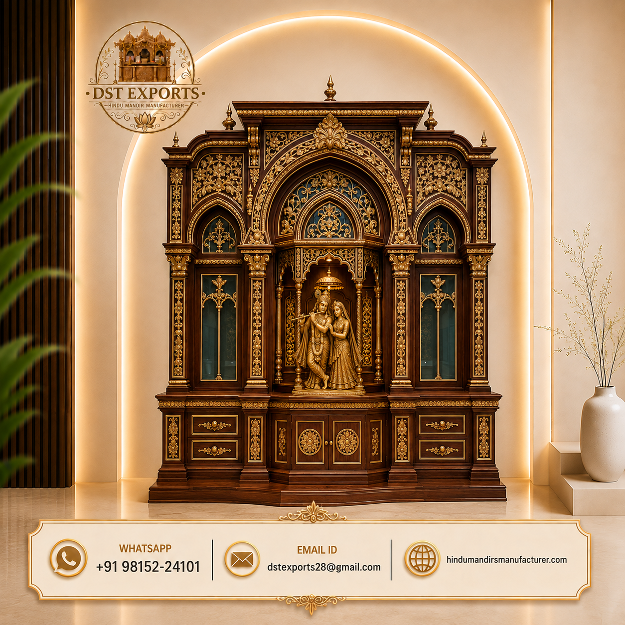 Luxury Haveli Style Wooden Temple with Radha Krishna Shrine