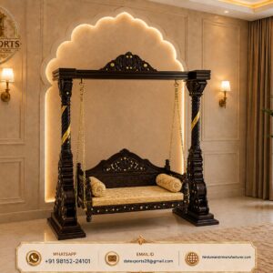 Luxury Walnut Finish Home Swing, Teak Wood Swing UK, Wooden Jhula UK, Hand Carved Wooden Swing, Premium Indoor Swing, Living Room Wooden Swing, Solid Teak Wood Jhula, Luxury Wooden Swing Chair, Indian Wooden Swing UK, Handmade Teak Swing, Wooden Hanging Swing, Teak Furniture Exporter, Wooden Jhula Manufacturer India, DST Exports, Premium Home Swing UK