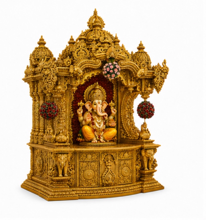 Mayur Style Hand Carved Teak Wood Temple In Gold polish - Image 2