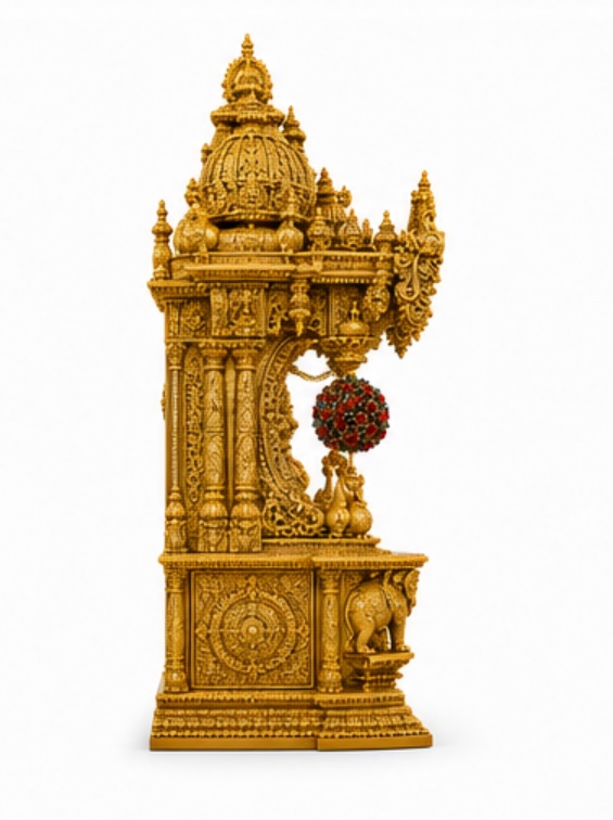 Mayur Style Hand Carved Teak Wood Temple In Gold polish - Image 4