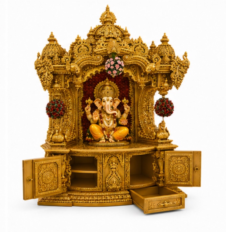 Mayur Style Hand Carved Teak Wood Temple In Gold polish - Image 3