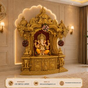 Mayur Style Hand Carved Teak Wood Temple In Gold polish
