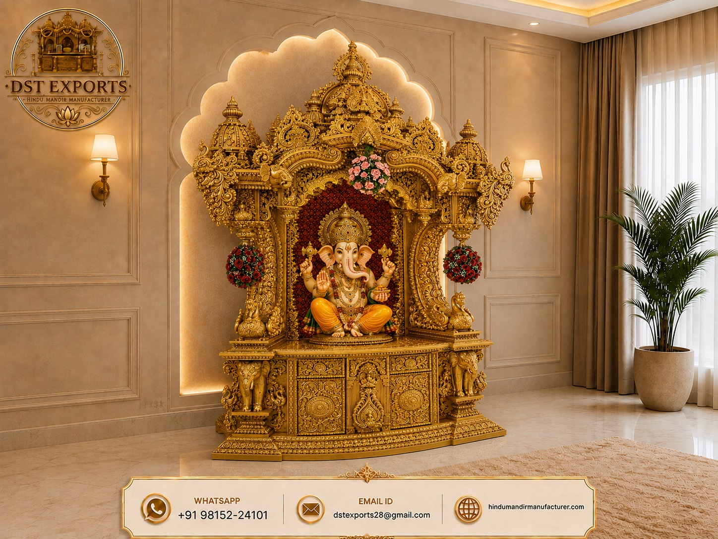 Mayur Style Hand Carved Teak Wood Temple In Gold polish