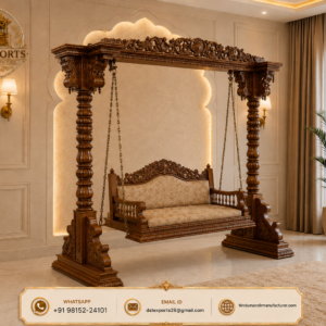 Peacocak Carved Traditional Teak Wood 3 Seater Swing For Lobby Area