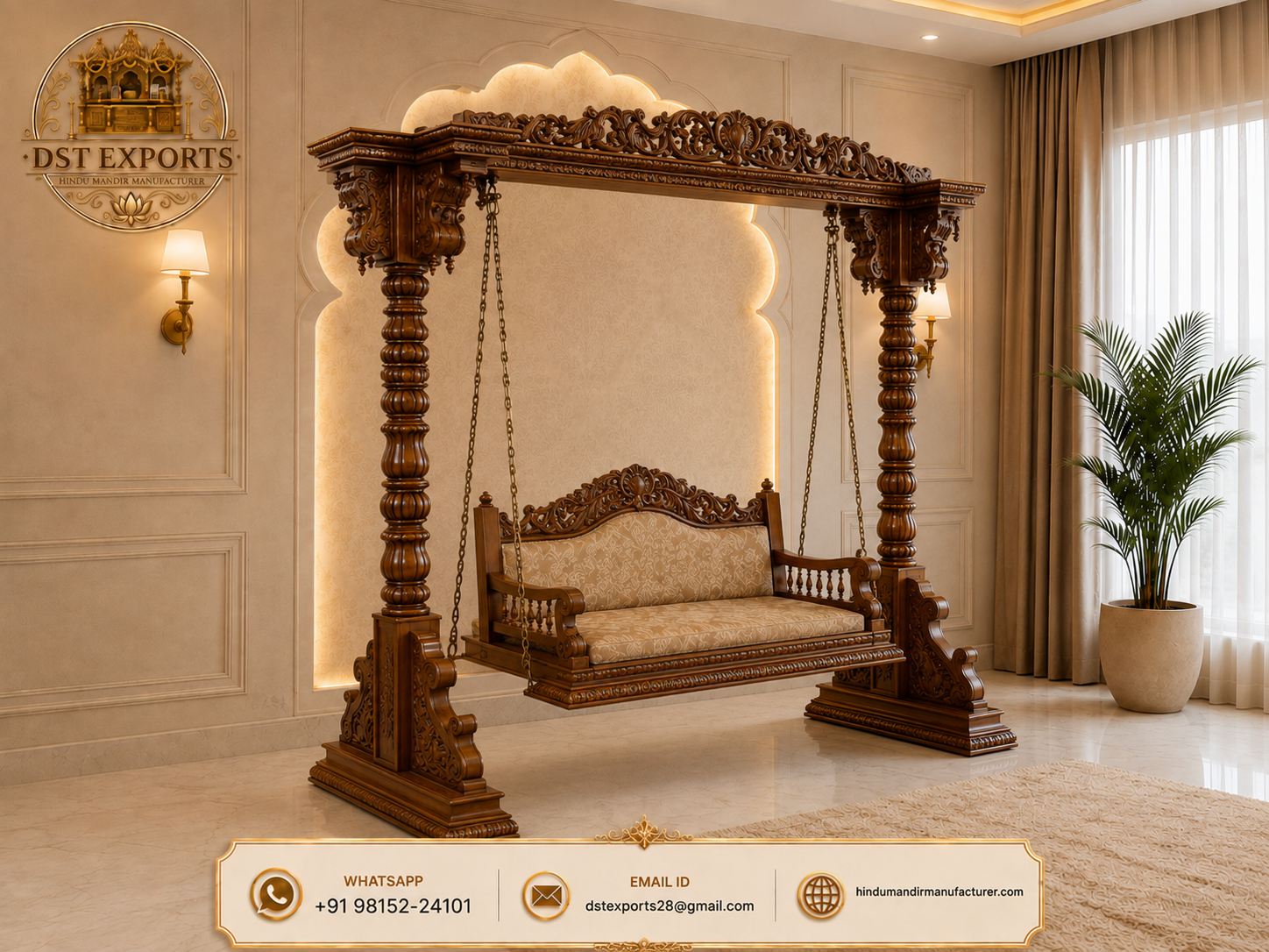 Peacocak Carved Traditional Teak Wood 3 Seater Swing For Lobby Area