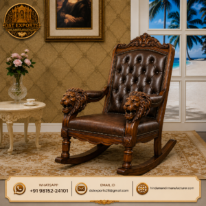Royal Teak Wood Rocking Chair with Hand-Carved Lion Head Armrests Royal Teak Wood Rocking Chair with Hand-Carved Lion Head Armrests