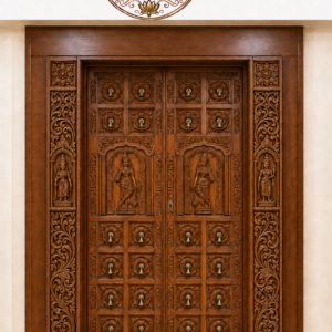 Royal Walnut-Finish Teak Wood Hindu Prayer Room Door
