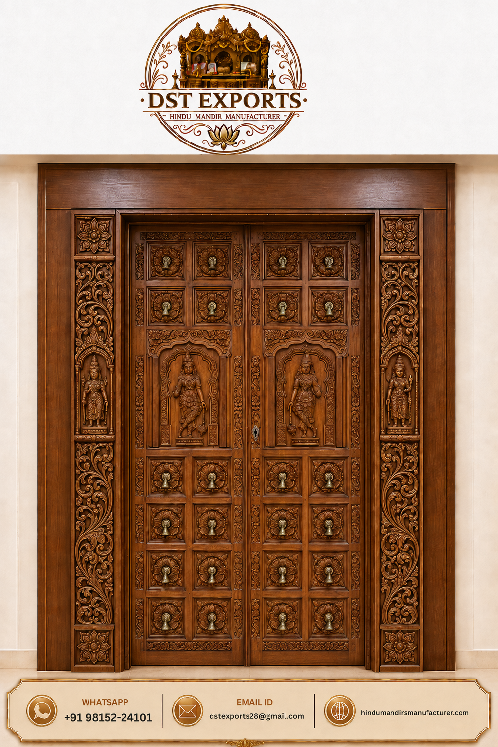 Royal Walnut-Finish Teak Wood Hindu Prayer Room Door