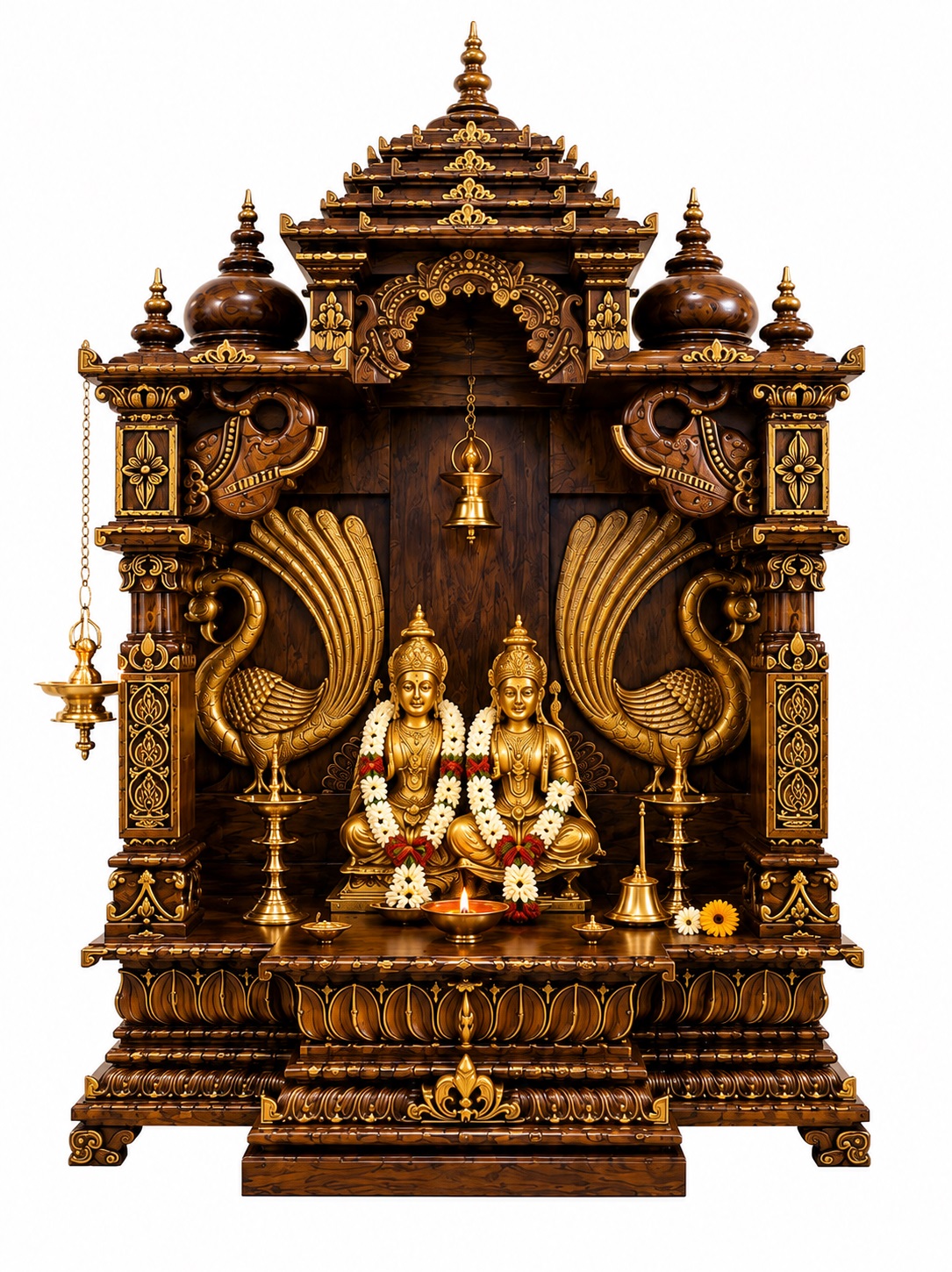 Traditional South Indian Peacock Wooden Mandir for Home - Image 2