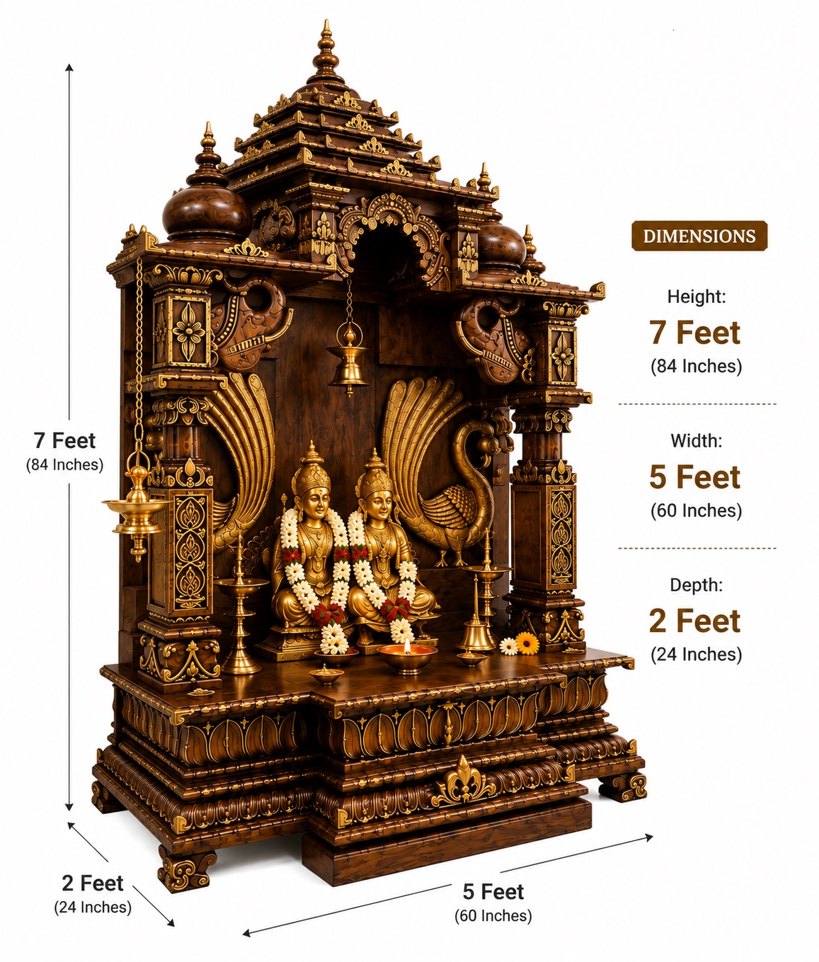 Traditional South Indian Peacock Wooden Mandir for Home - Image 3