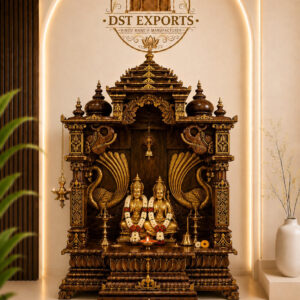Traditional South Indian Peacock Wooden Mandir for Home