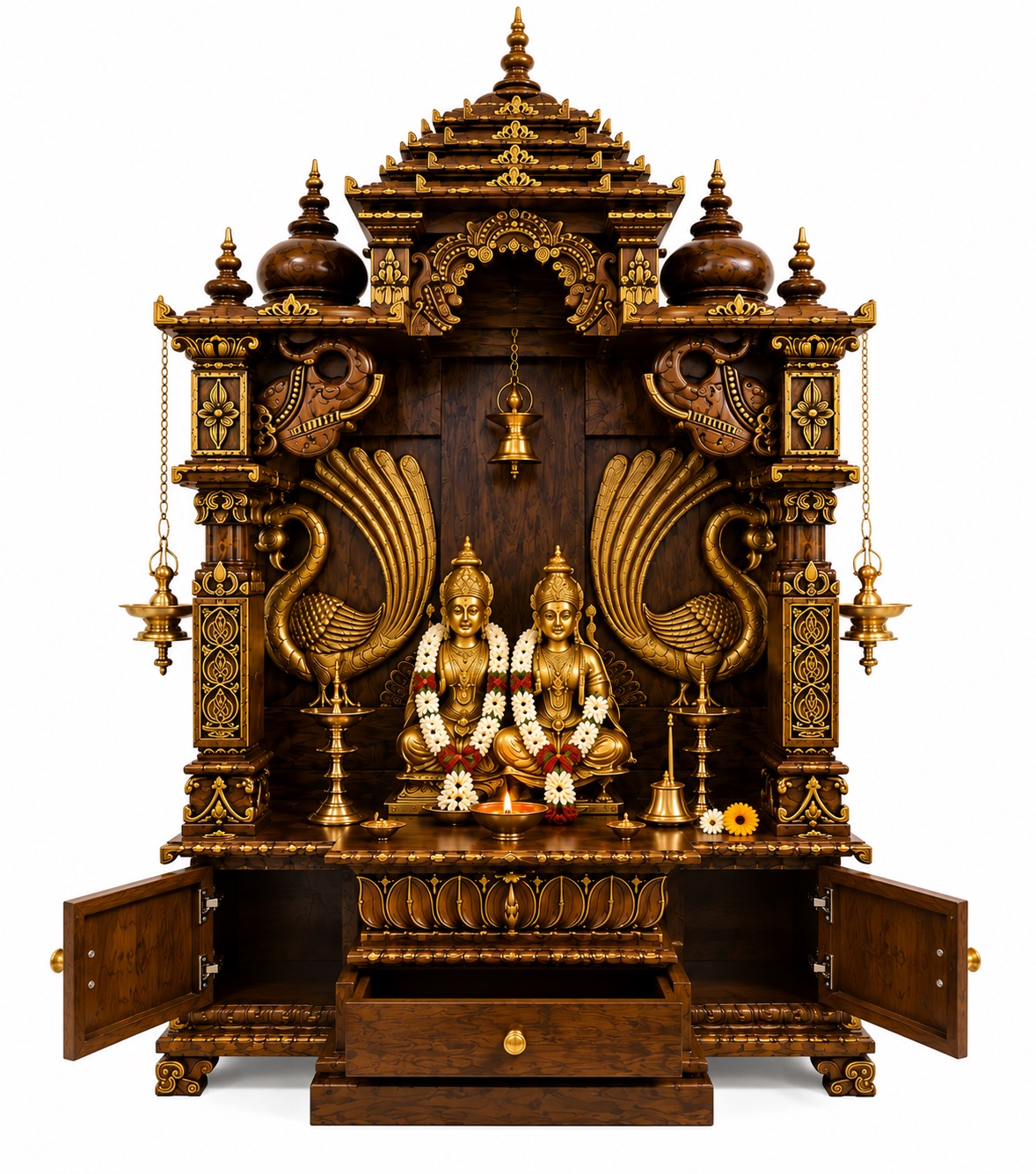 Traditional South Indian Peacock Wooden Mandir for Home - Image 5