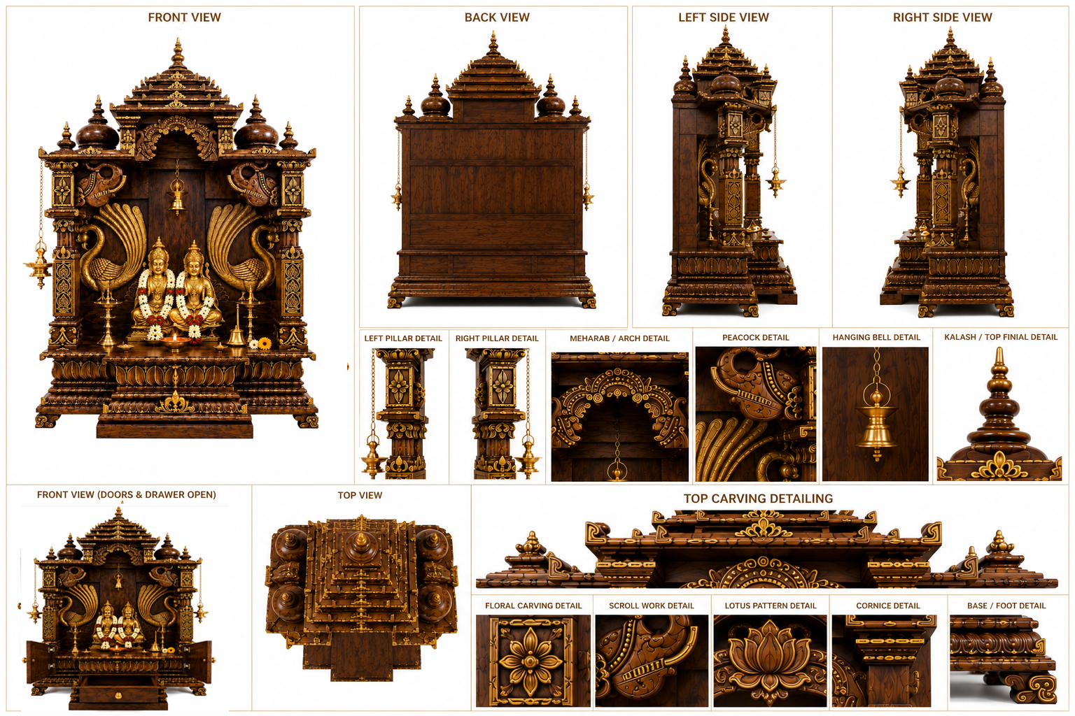 Traditional South Indian Peacock Wooden Mandir for Home - Image 6