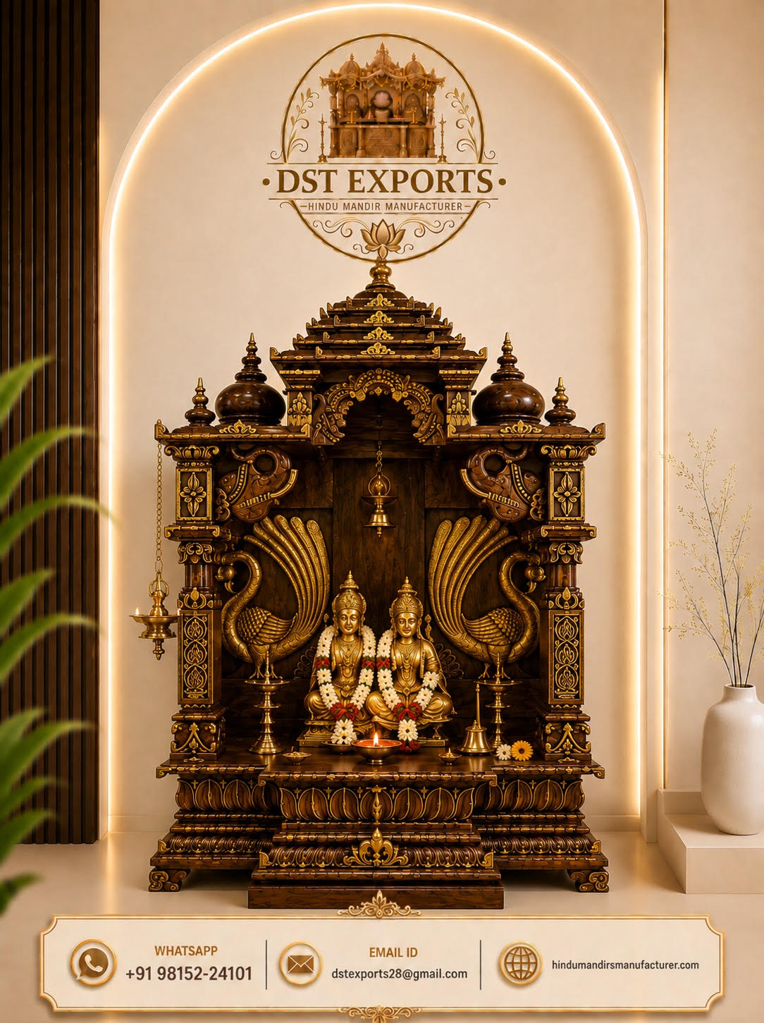 Traditional South Indian Peacock Wooden Mandir for Home