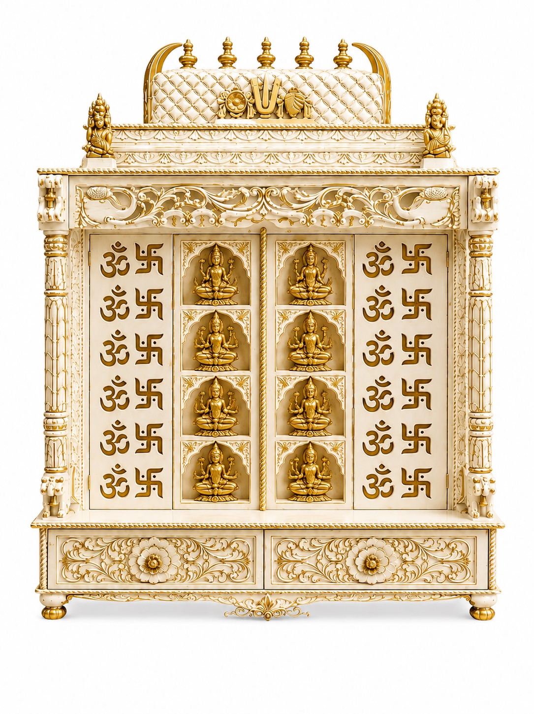 White Gold Teak Wooden Ashtalakshmi Pooja Mandir Cabinet - Image 2