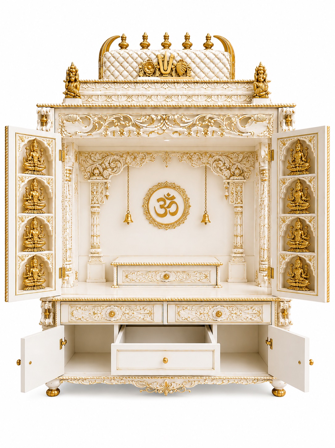 White Gold Teak Wooden Ashtalakshmi Pooja Mandir Cabinet - Image 3