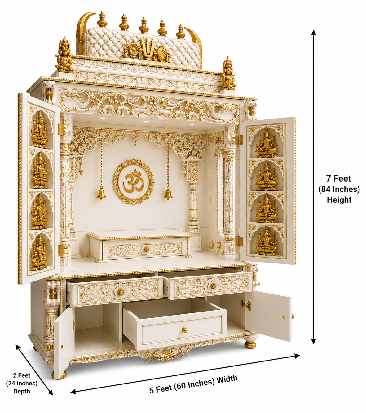 White Gold Teak Wooden Ashtalakshmi Pooja Mandir Cabinet - Image 4