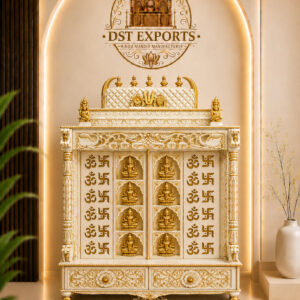 White Gold Teak Wooden Ashtalakshmi Pooja Mandir Cabinet with handcrafted deity carvings, decorative pillars and storage for USA Indian homes.