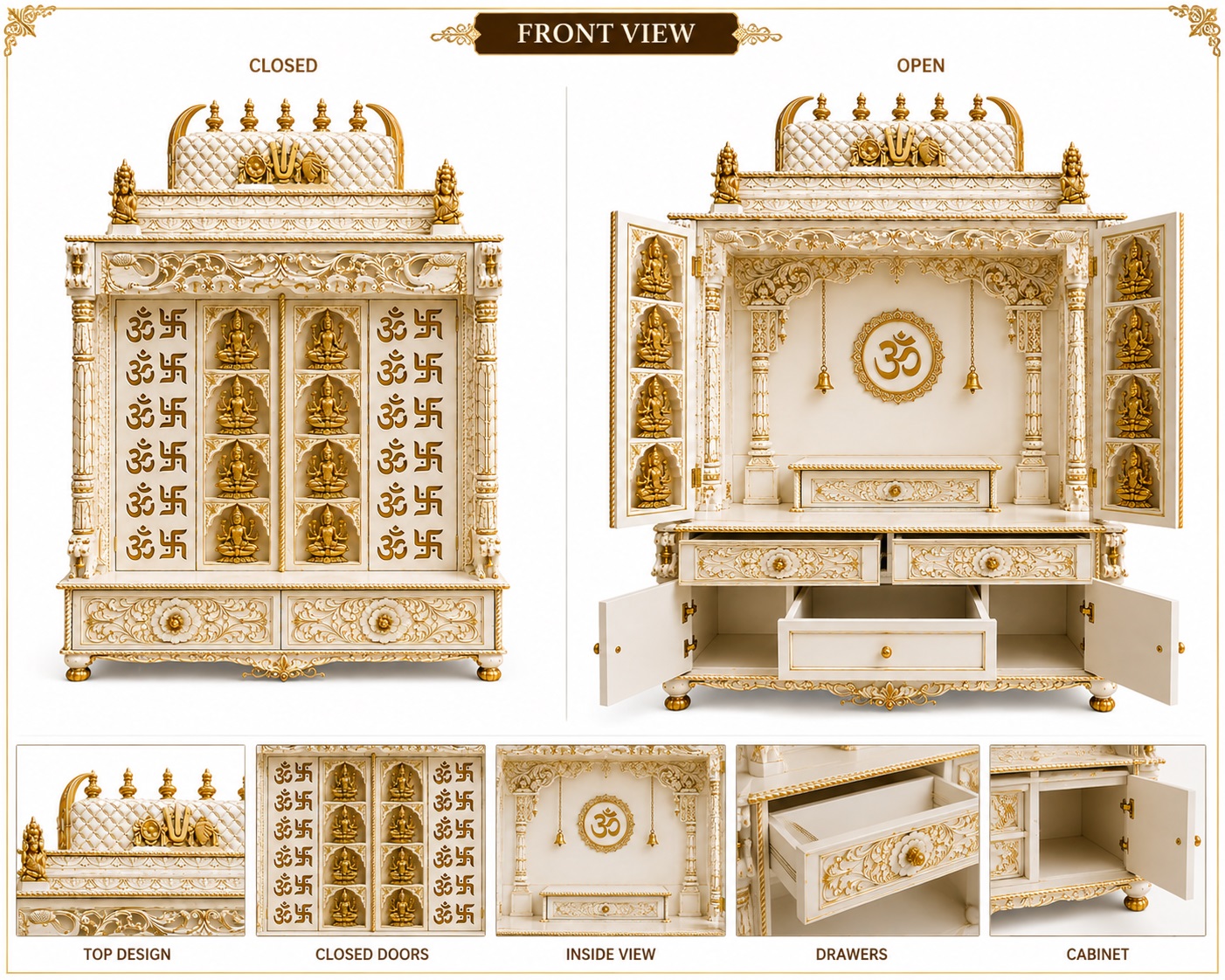 White Gold Teak Wooden Ashtalakshmi Pooja Mandir Cabinet - Image 6