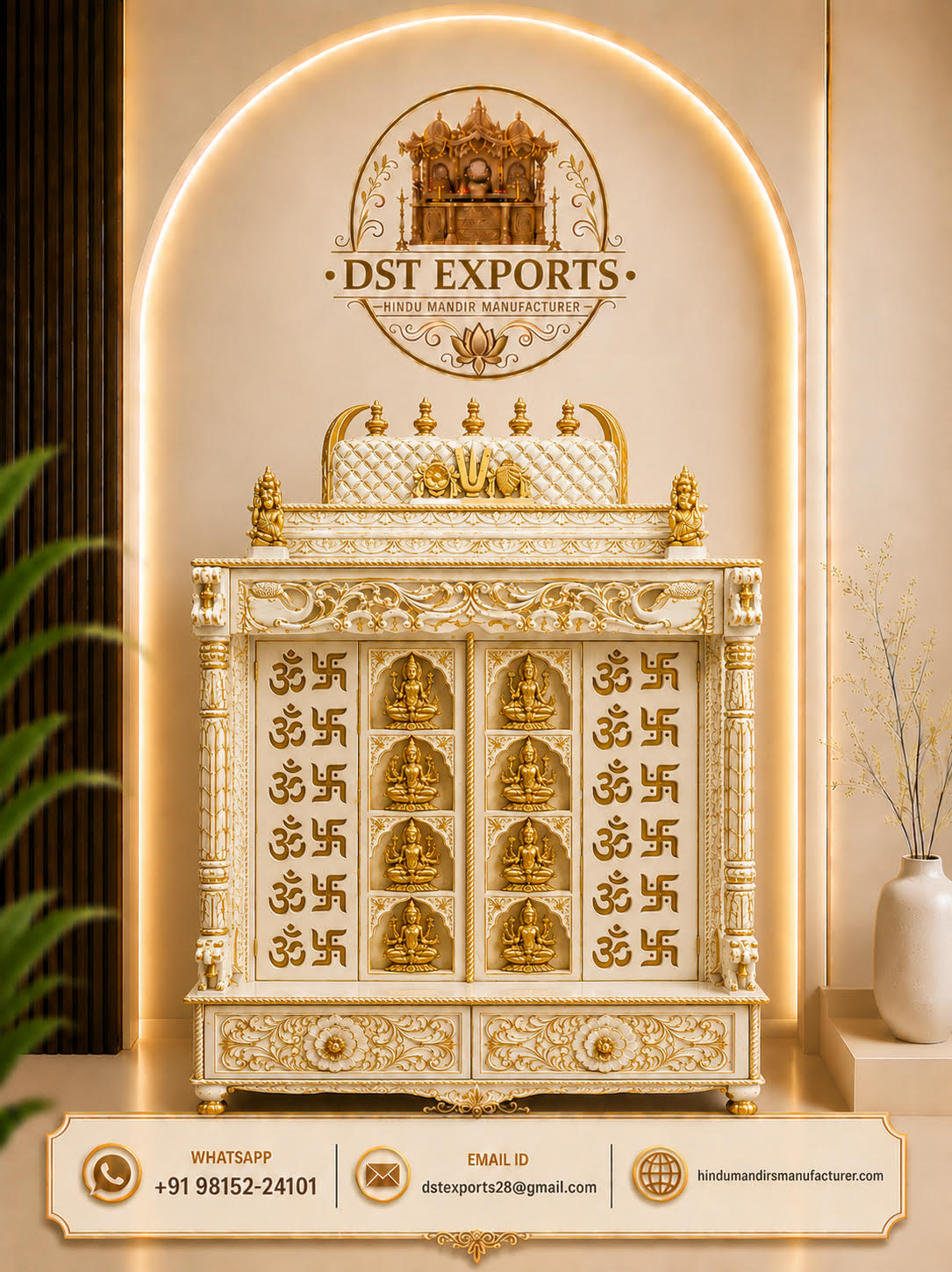 White Gold Teak Wooden Ashtalakshmi Pooja Mandir Cabinet with handcrafted deity carvings, decorative pillars and storage for USA Indian homes.