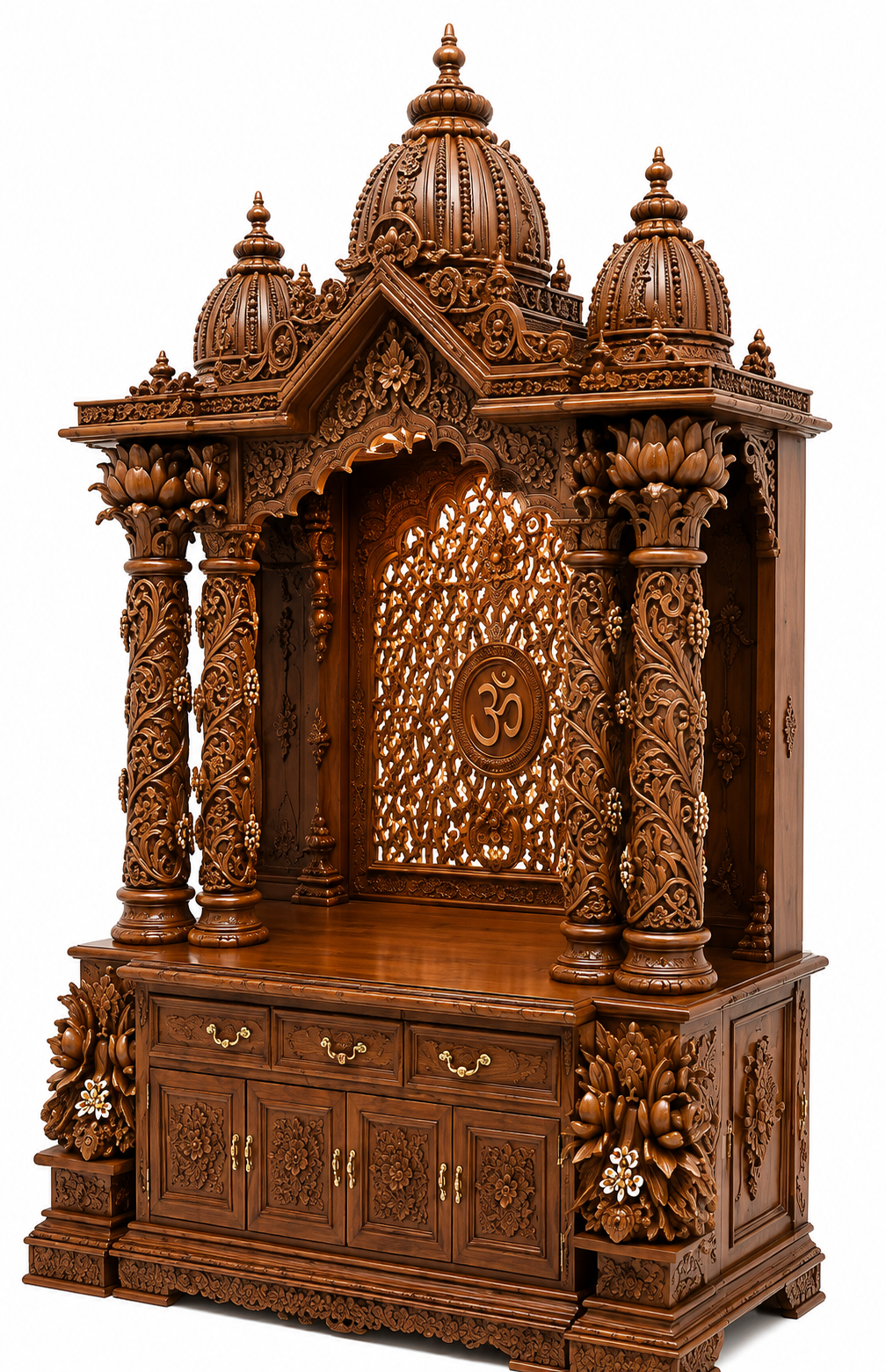 Bollywood Style Floral Carved Teak Wood Mandir For Home - Image 2