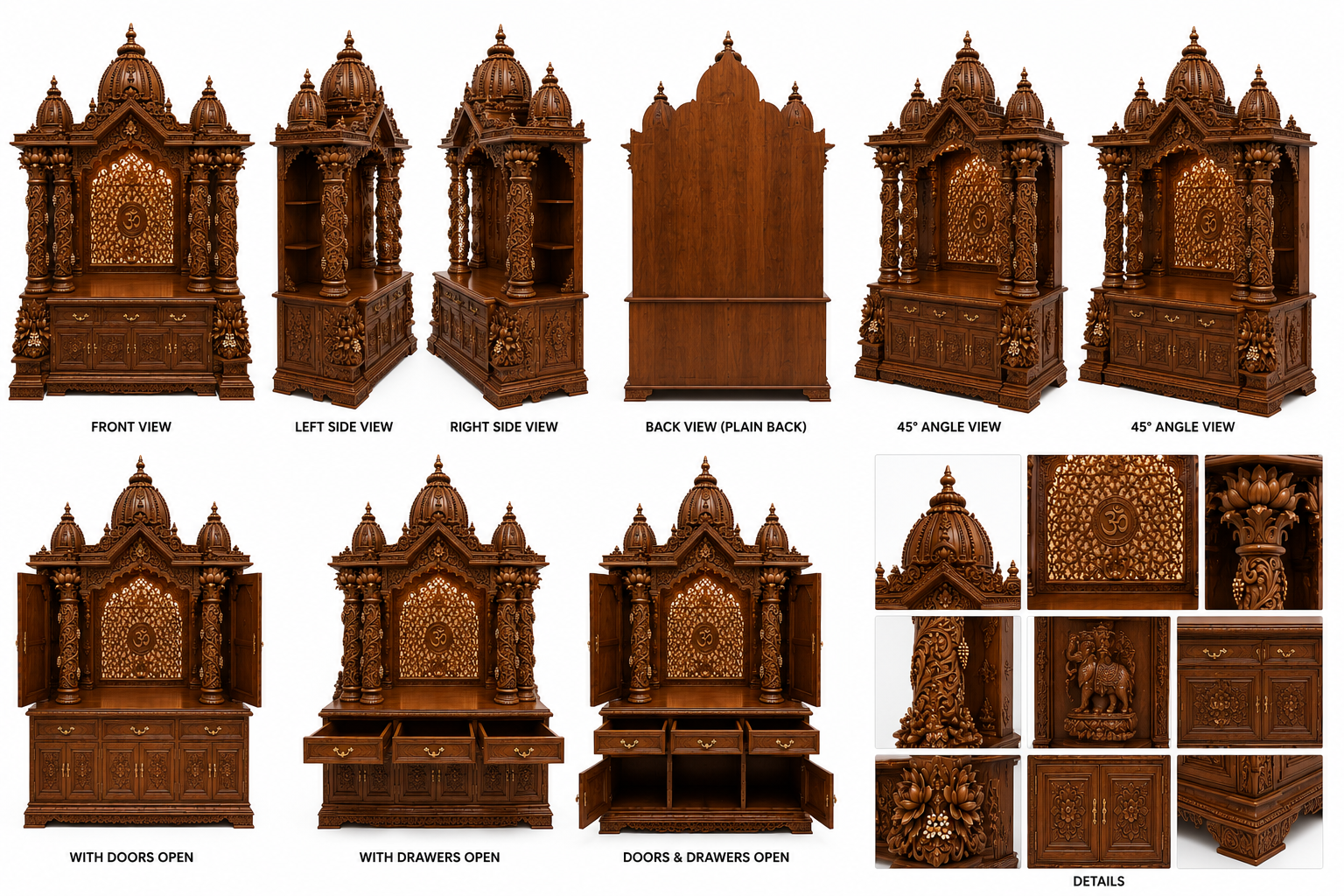 Bollywood Style Floral Carved Teak Wood Mandir For Home - Image 4