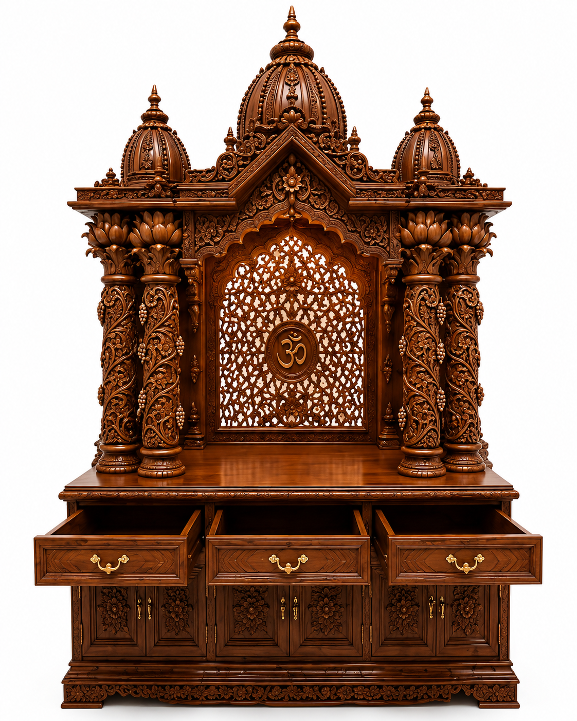 Bollywood Style Floral Carved Teak Wood Mandir For Home - Image 3