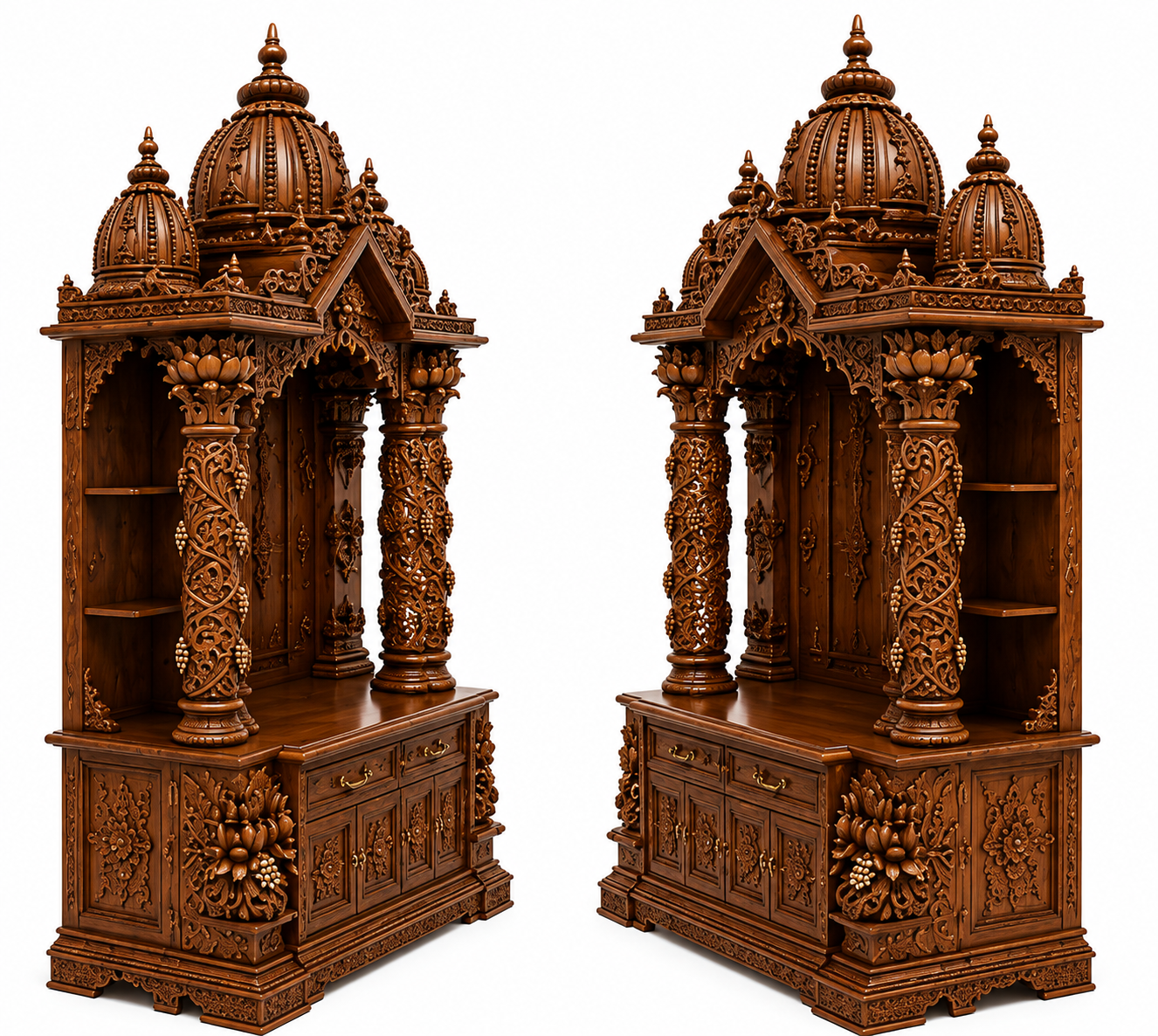 Bollywood Style Floral Carved Teak Wood Mandir For Home - Image 5
