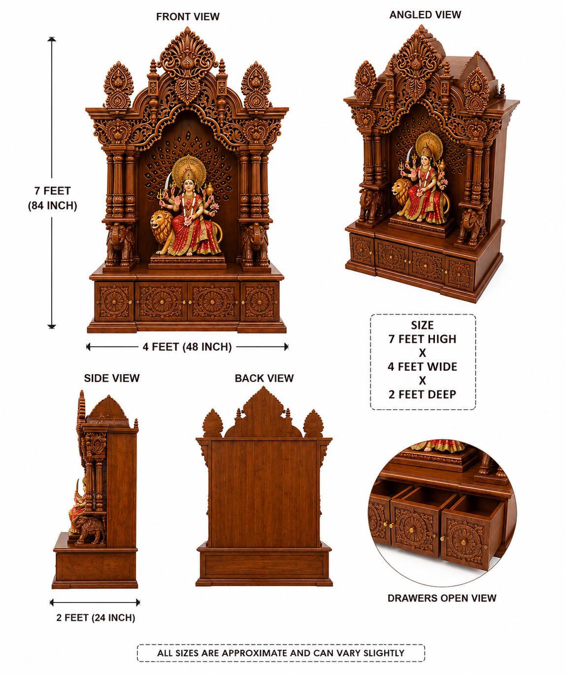 Elegant Handcrafted Maa Durga Wooden Pooja Temple For Home - Image 4