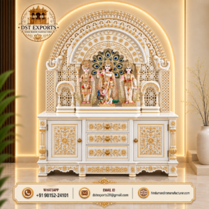 Divine White & Gold Heavy Carved Dev Ghar For Home