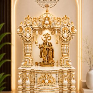 Divine White & Gold Heavy Carved Radha Krishna Hindu Mandir