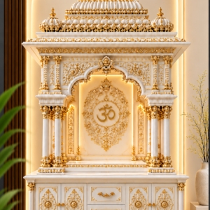Elegant White and Gold Carved Hindu Temple with Decorative Domes