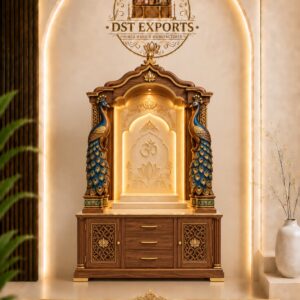 Grand Peacock Carved Wooden Hindu Temple Cabinet for Homes