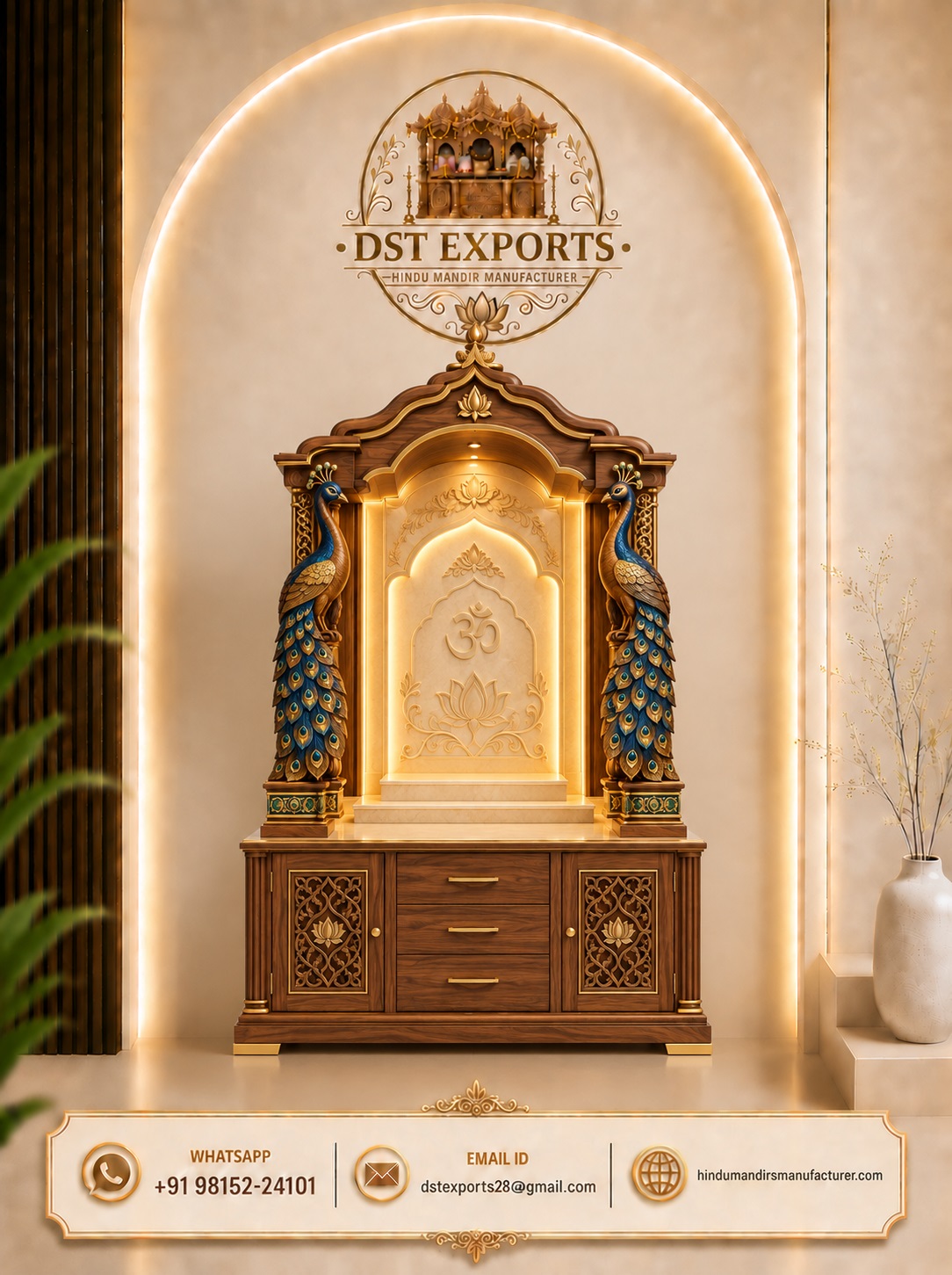 Grand Peacock Carved Wooden Hindu Temple Cabinet for Homes