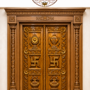 Hand Carved Teak Wood Pooja Room Door with Swastik & Kalash
