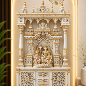 Latest Marble Look Shiv Parivar Teak Wooden Home Temple