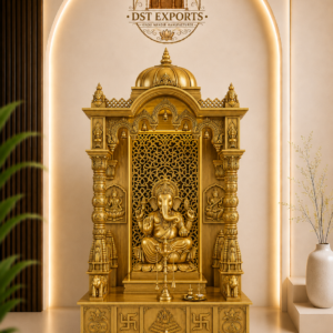 Luxury Hand Carved Golden Ganesha Hindu Pooja Mandir with Dome