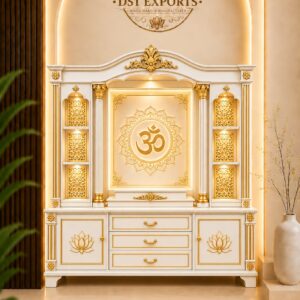 Modern Style White & Gold Teak Wood Home Temple with Storage Cabinets