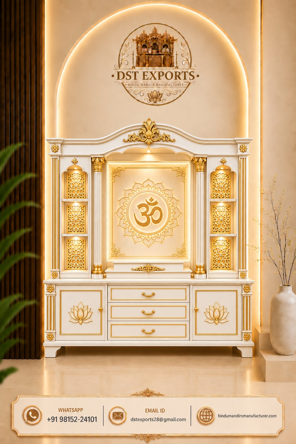 Modern Style White & Gold Teak Wood Home Temple with Storage Cabinets