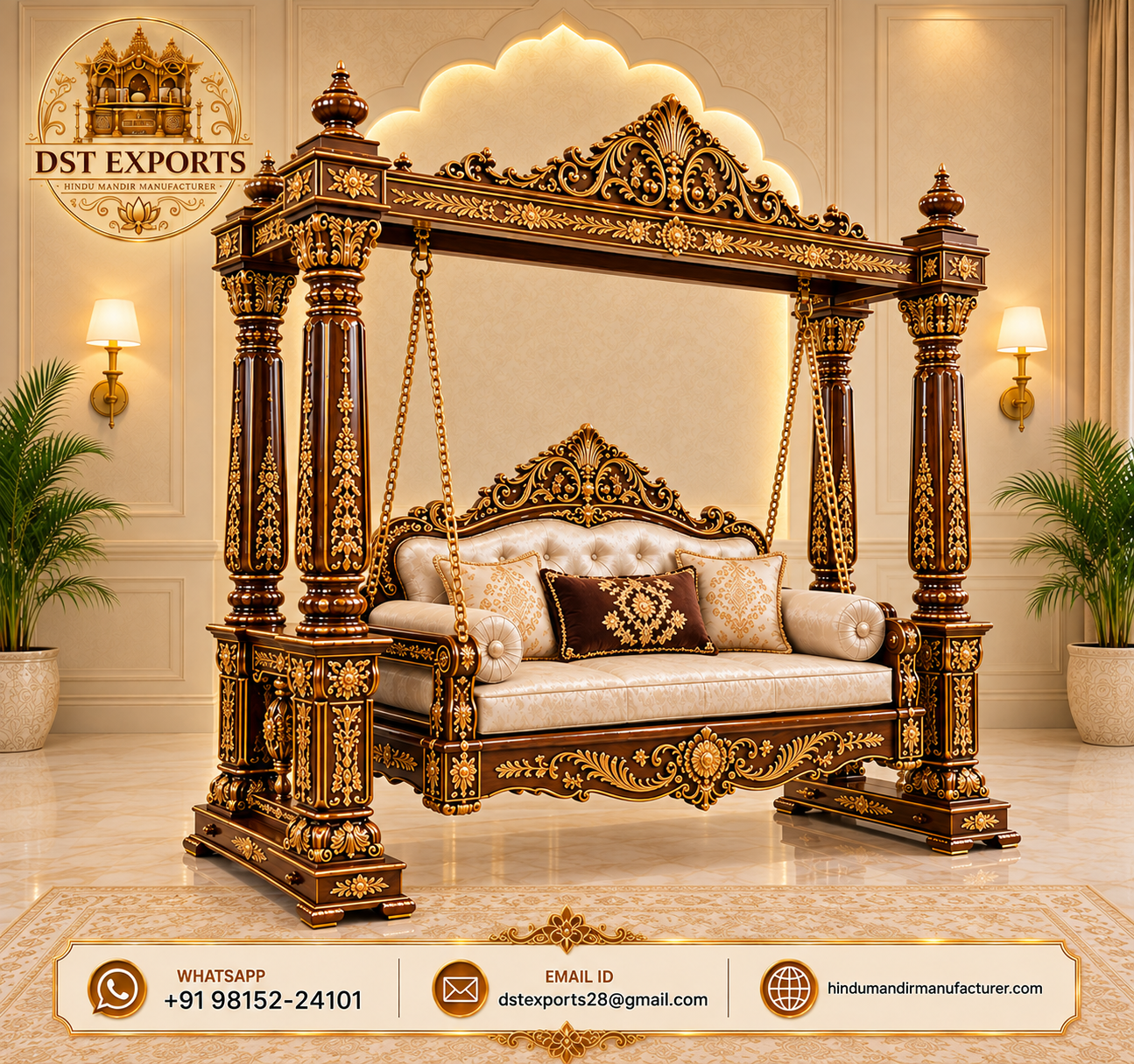 Premium Indian Carved Teak Wood Swing with Canopy