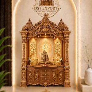 Radha Krishna Wooden Pooja Mandir with Om Backlit