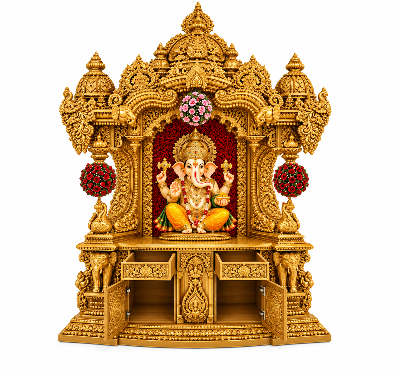 Mayur Style Hand Carved Teak Wood Temple In Gold polish - Image 4