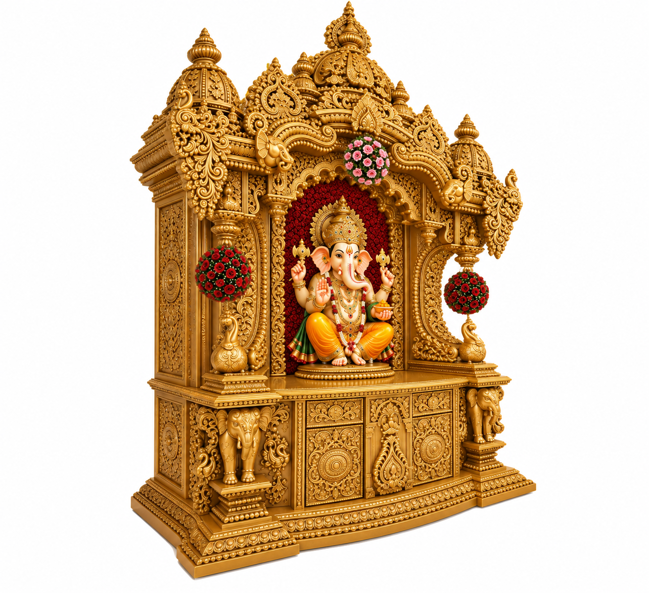 Mayur Style Hand Carved Teak Wood Temple In Gold polish - Image 3