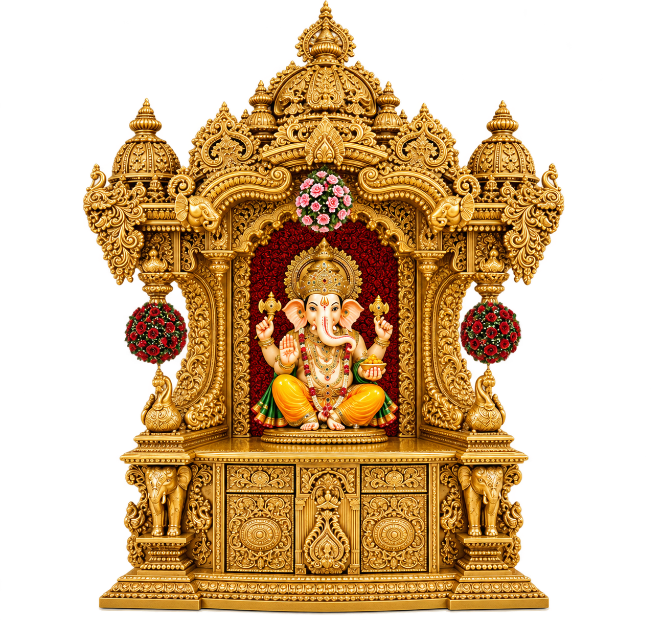 Mayur Style Hand Carved Teak Wood Temple In Gold polish - Image 2