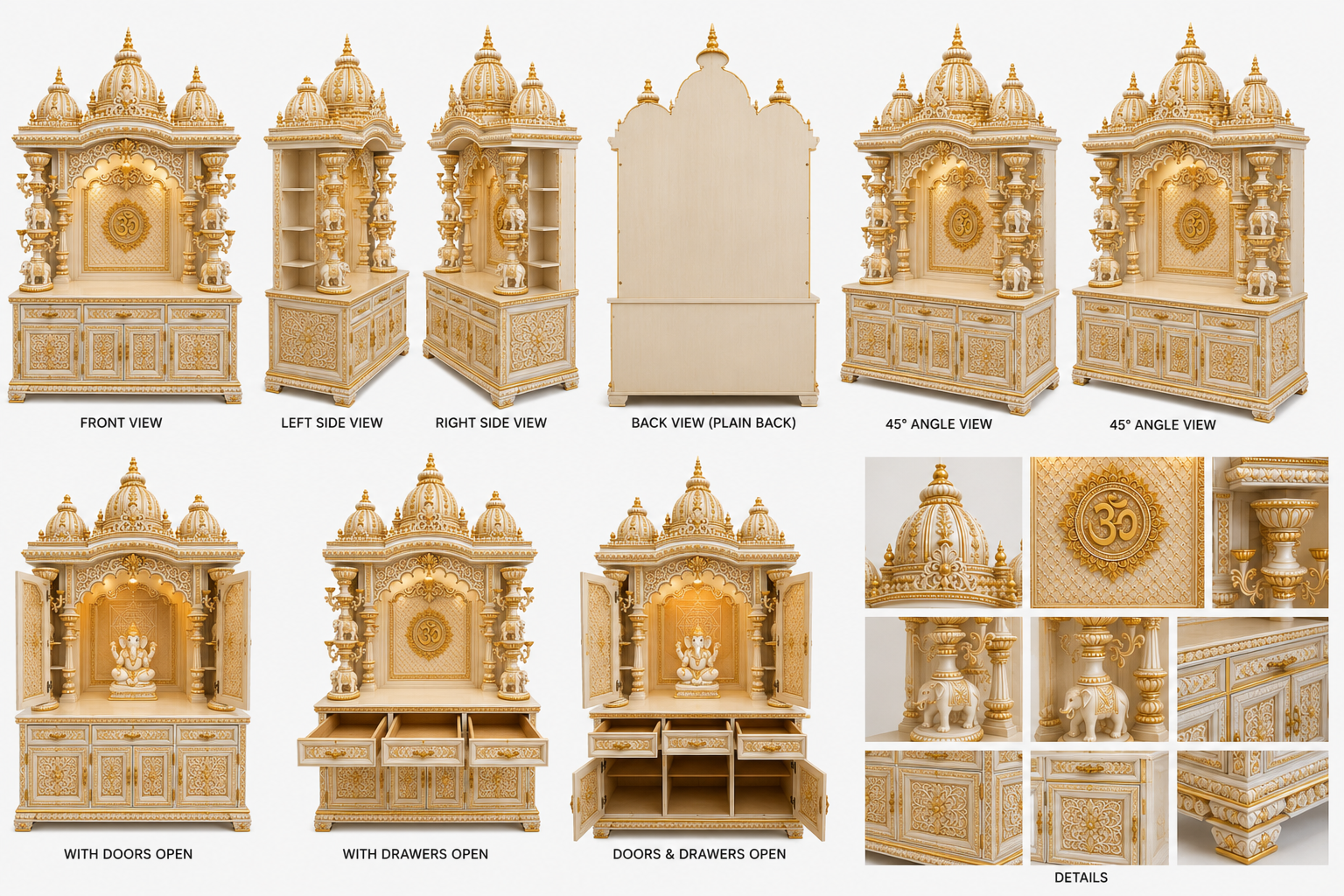 Elephant Carved Pillars Handcrafted Wooden Pooja Mandir - Image 5