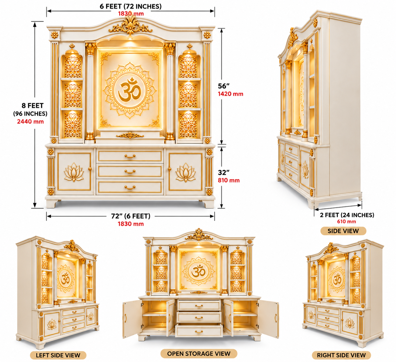 Modern Style White & Gold Teak Wood Home Temple with Storage Cabinets - Image 4