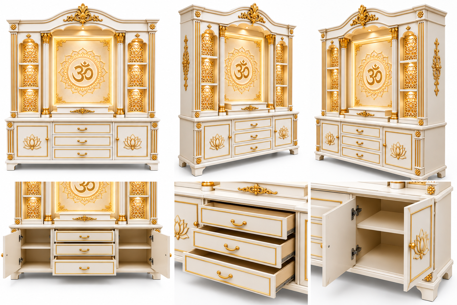 Modern Style White & Gold Teak Wood Home Temple with Storage Cabinets - Image 5