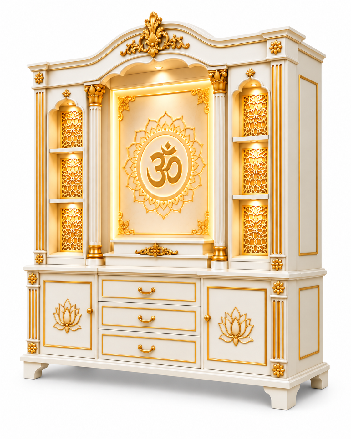 Modern Style White & Gold Teak Wood Home Temple with Storage Cabinets - Image 2