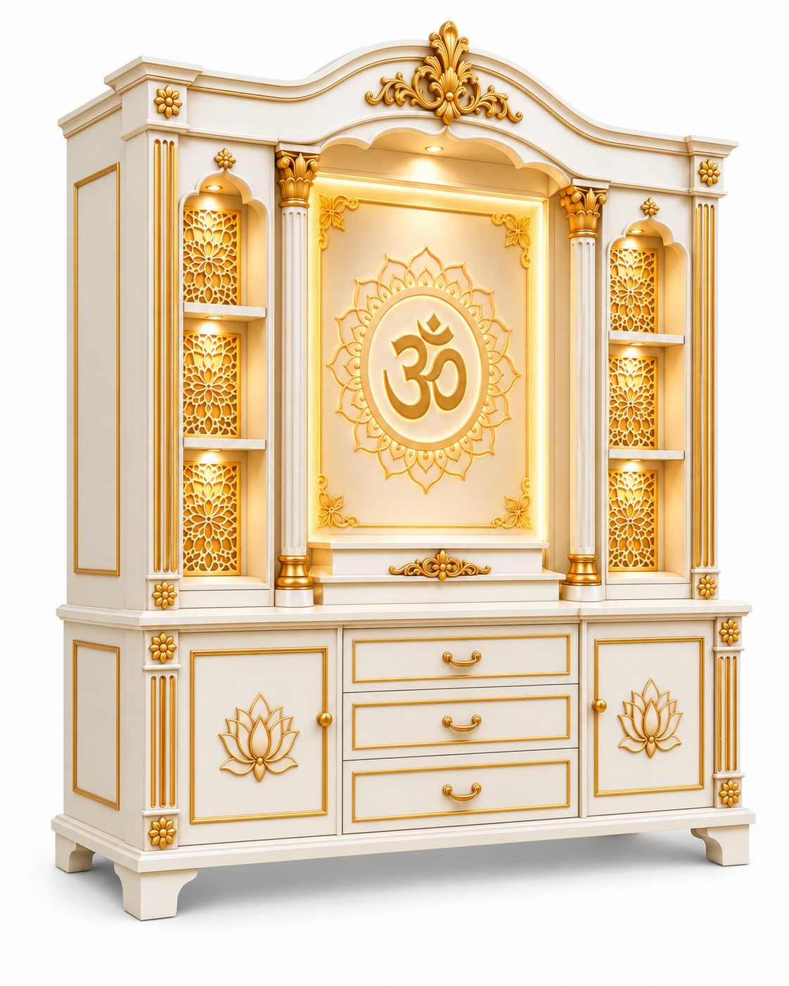Modern Style White & Gold Teak Wood Home Temple with Storage Cabinets - Image 3