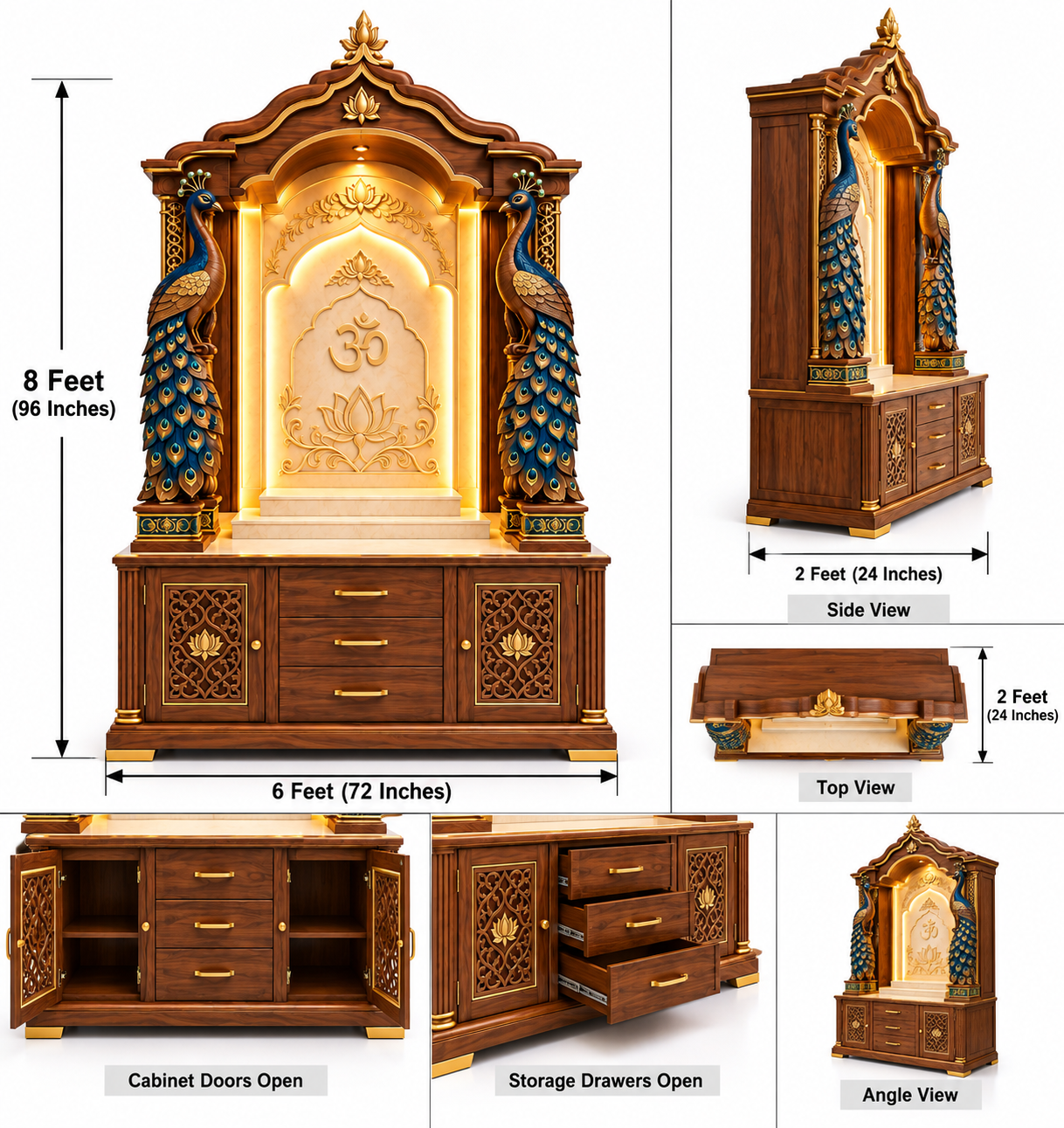 Grand Peacock Carved Wooden Hindu Temple Cabinet for Homes - Image 5